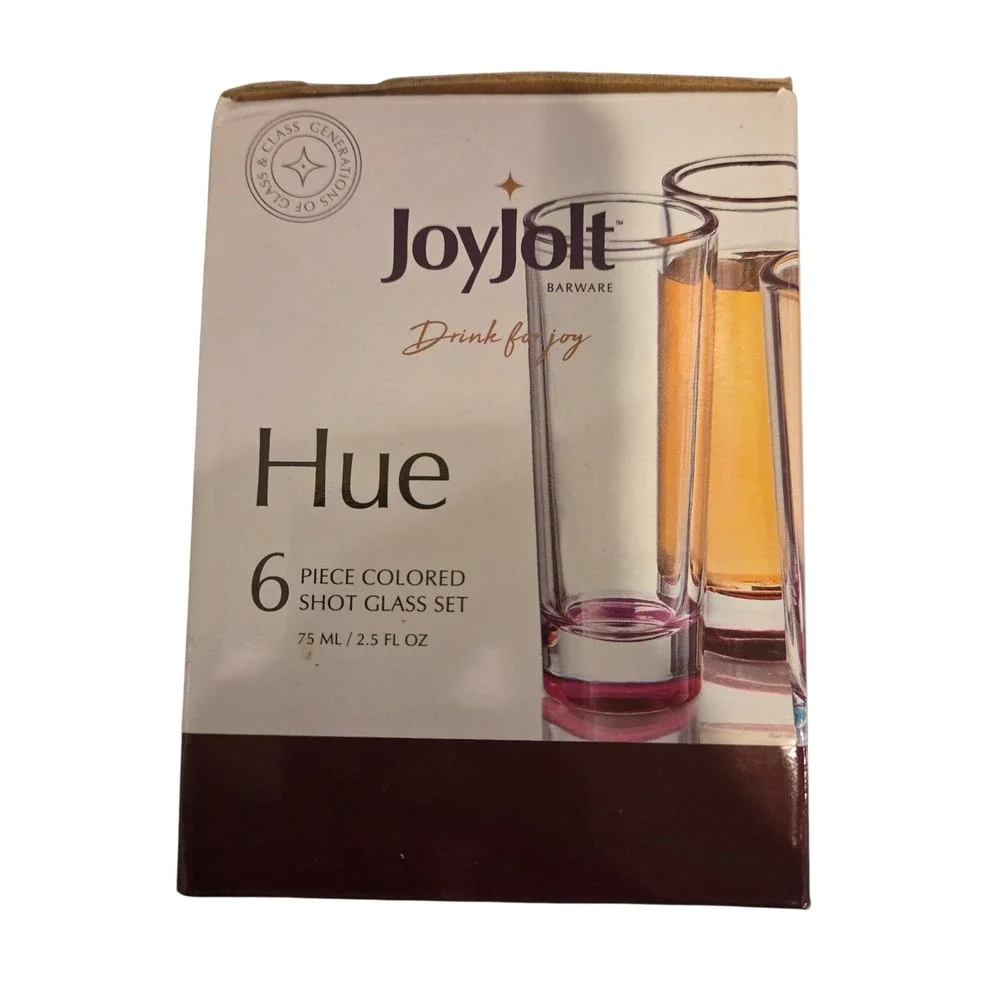JoyJolt Hue 6 Piece Colored Shot Glass Set 2.5 oz Tall Blown Glass Barware NEW